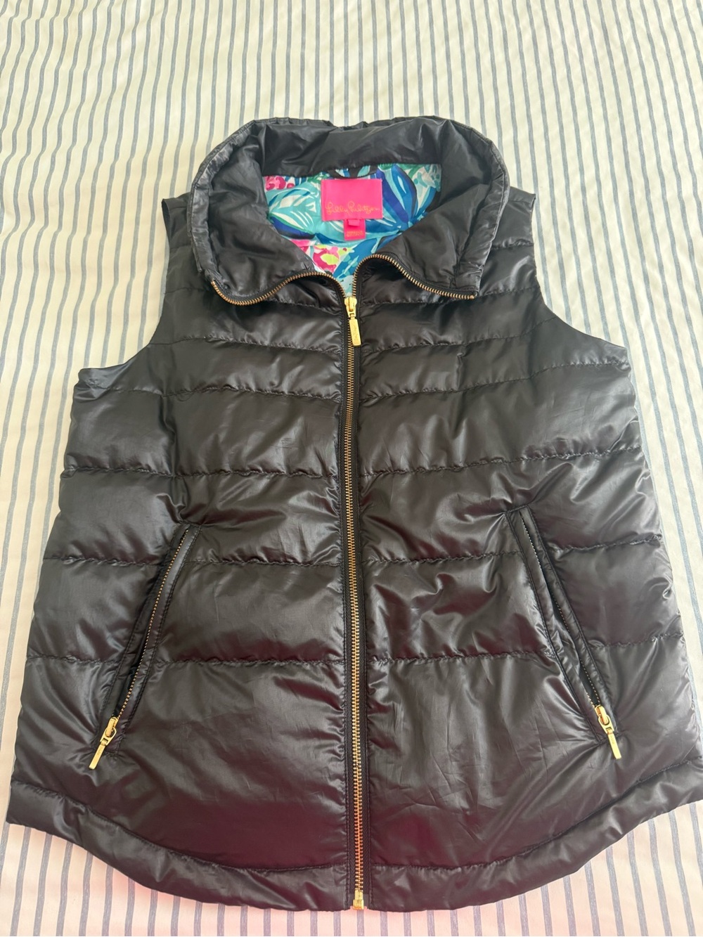 Lilly Pulitzer Black Quilted Puffer Vest with Gold Zippers